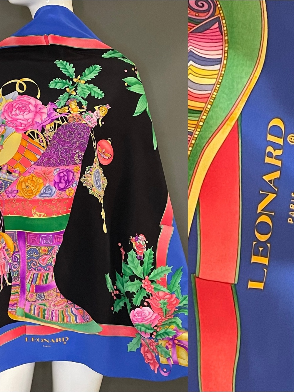 Stunning Rare Leonard Paris Scarf Silk Florescent Holiday Print 34 In Exc Cond